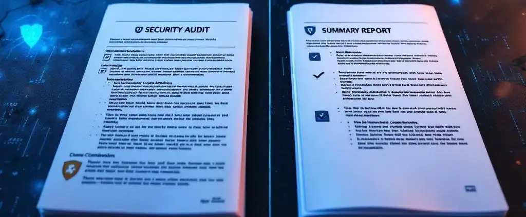 Twee beveiligingsauditrapporten op bureau: gedetailleerd document met badges naast beknopte samenvatting met shield-iconen