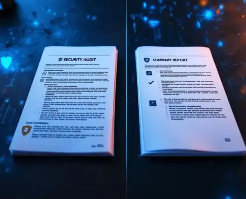 beveiligingsaudit-rapporten-vergelijking-deskjpg - Hoek en Blok.IT - Hoek en Blok.IT Twee beveiligingsauditrapporten op bureau: gedetailleerd document met badges naast beknopte samenvatting met shield-iconen