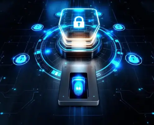 biometrische-beveiliging-vingerafdruk-scanner-controlejpg - Hoek en Blok.IT - Hoek en Blok.IT Biometrische vingerafdrukscanner met holografische beveiligingsinterfaces en digitale schilden in modern controlecentrum