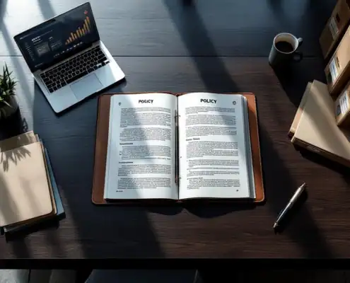 soc2-compliance-certificering-kantoor-bureaujpg - Hoek en Blok.IT - Hoek en Blok.IT Bovenaanzicht van modern bureau met open beleidshandboek, laptop met compliance-dashboards en SOC 2-certificeringen