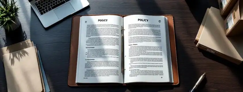 Bovenaanzicht van modern bureau met open beleidshandboek, laptop met compliance-dashboards en SOC 2-certificeringen