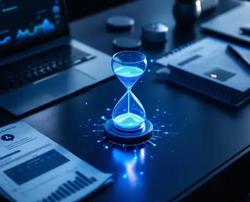 Zandloper met blauwe digitale zanddeeltjes op modern bureau met compliance-documenten en beveiligingsdashboard op laptop