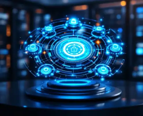 Holografisch beveiligingsdashboard met roterende compliance-nodes boven bureau met tandwielen in IT-omgeving