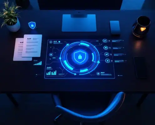 compliance-monitoring-dashboard-hologram-beveiligingjpg - Hoek en Blok.IT - Hoek en Blok.IT Holografisch compliance dashboard met circulaire pijlen en vinkjes op modern bureau met beveiligingselementen