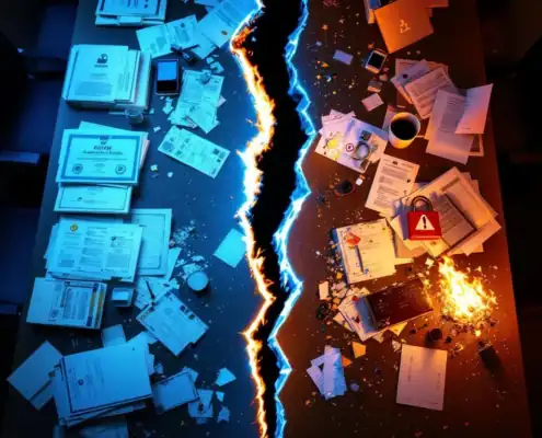 compliance-risico-boardroom-gebroken-tafeljpg - Hoek en Blok.IT - Hoek en Blok.IT Gebarsten bestuurstafel met georganiseerde auditdocumenten aan ene kant en brandende papieren met waarschuwingssymbolen aan andere kant
