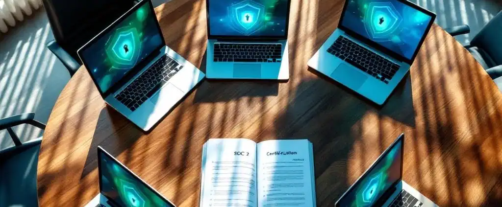 SOC 2 certificatiehandleiding op tafel in moderne trainingsruimte met laptops die beveiligingspictogrammen tonen