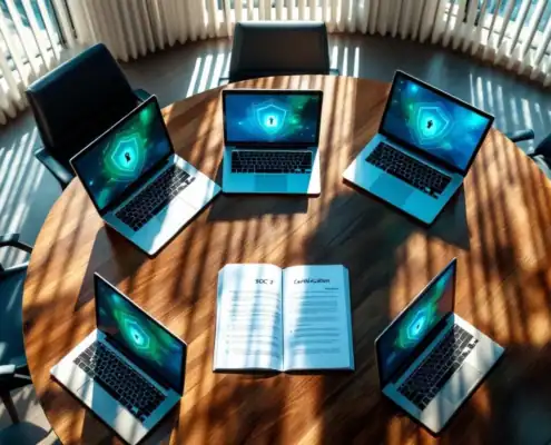 soc-2-compliance-training-certificering-bedrijfjpg - Hoek en Blok.IT - Hoek en Blok.IT SOC 2 certificatiehandleiding op tafel in moderne trainingsruimte met laptops die beveiligingspictogrammen tonen
