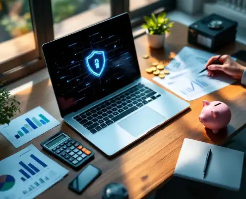 Laptop met beveiligingsschild-icoon op bureau met financiële documenten, rekenmachine en spaarpot