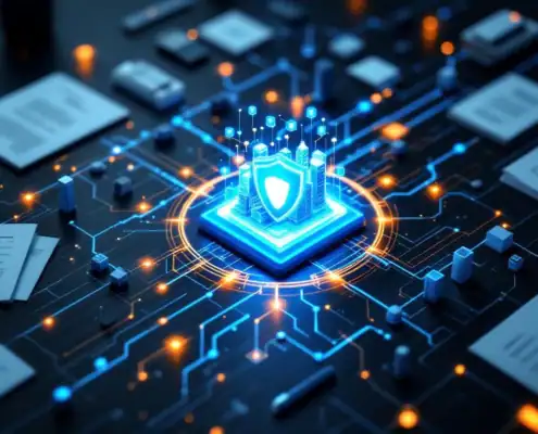 cybersecurity-compliance-netwerk-bescherming-hologramjpg - Hoek en Blok.IT - Hoek en Blok.IT Digitaal beveiligingsschild hologram op zakelijk bureau omringd door kantoorgebouwen en servers met datastromen