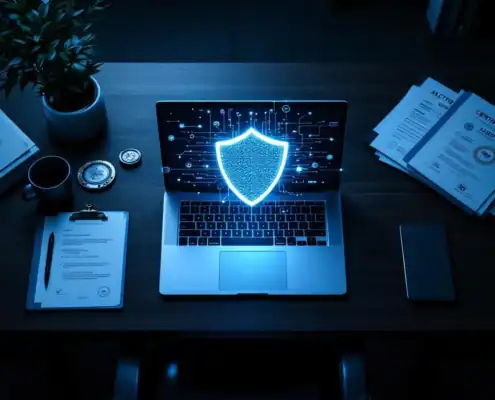 cybersecurity-compliance-audit-certificering-hologramjpg - Hoek en Blok.IT - Hoek en Blok.IT Laptop met holografisch beveiligingsschild op bureau omringd door compliance documenten en certificeringszegels