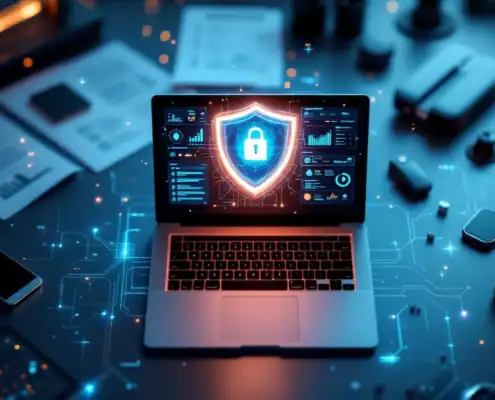 Laptop met beveiligingsdashboard en holografisch schildsymbool, omringd door hardware beveiligingssleutel en biometrische scanner