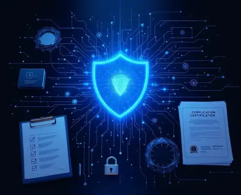 Digitaal beveiligingsschild hologram op modern bureau omringd door compliance documenten en netwerkbeveiligingstools