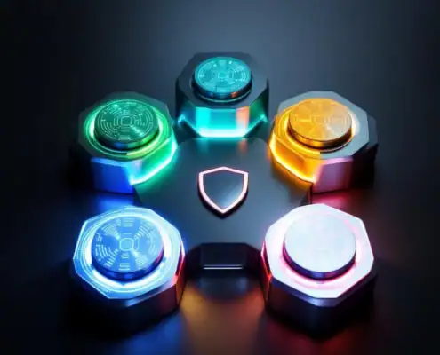 cybersecurity-vijf-pilaren-bescherming-technologiejpg - Hoek en Blok.IT - Hoek en Blok.IT Vijf onderling verbonden metalen pilaren met gekleurde verlichting rond een beveiligingsembleem op donkere ondergrond