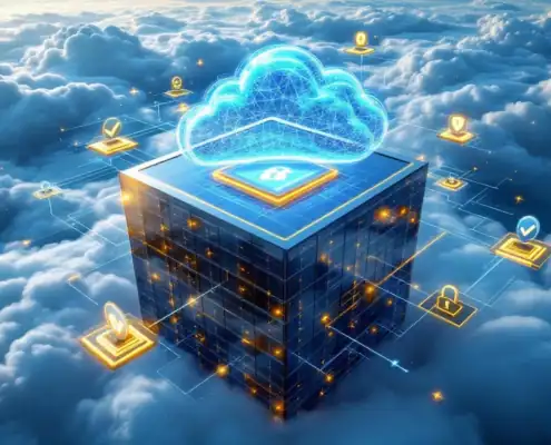 cloud-datacenter-beveiliging-compliance-auditjpg - Hoek en Blok.IT - Hoek en Blok.IT Moderne glazen datacenter met blauwe beveiligingsschermen en gouden certificeringen in luchtfoto voor cloud computing