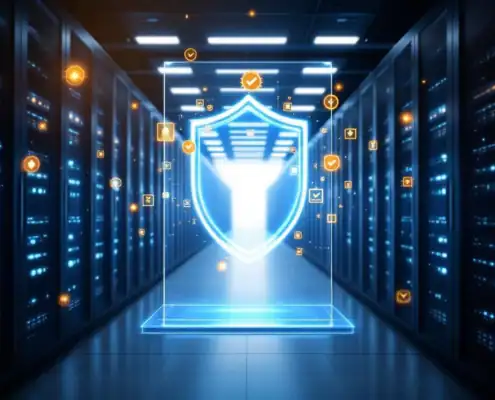Moderne datacenterserverruimte met beveiligingsbarrière, blauwe LED-verlichting en gouden certificeringsbadges