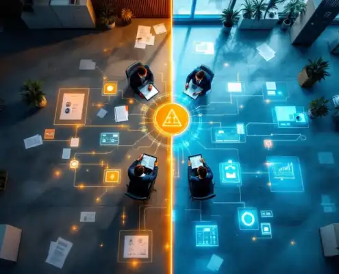 audit-transformatie-digitalisering-kantoor-workflowjpg - Hoek en Blok.IT - Hoek en Blok.IT Moderne kantoorvloer in transformatie van papieren archieven naar digitale audit workflows en compliance dashboards