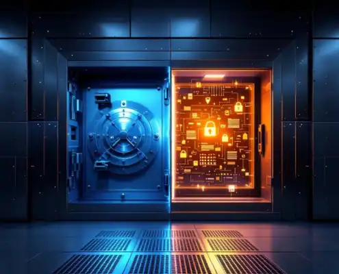 Vergelijking van twee kluisdeuren in datacenter: stalen beveiligingskluis links en glazen kluis met versleutelde data rechts