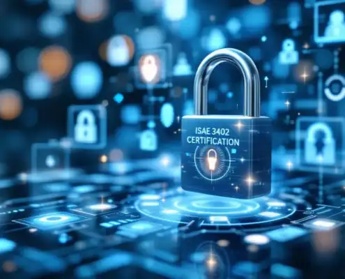 isae-3402-certificering-beveiliging-privacy-compliancejpg - Hoek en Blok.IT - Hoek en Blok.IT Digitaal hangslot boven ISAE 3402 certificeringsdocumenten met holografische privacy-iconen en beveiligingssymbolen
---
**Token Count Estimate:** Approximately 150 tokens used of 200,000 budget