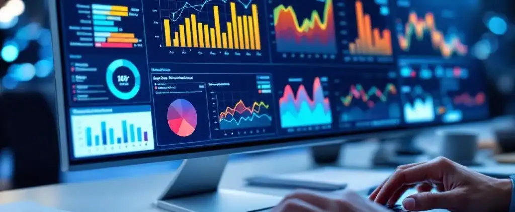it-audit-dashboard-analytics-compliance-metricsjpg - Hoek en Blok.IT Professionele handen typen op toetsenbord voor digitaal dashboard met kleurrijke data-analyse grafieken en IT audit documenten