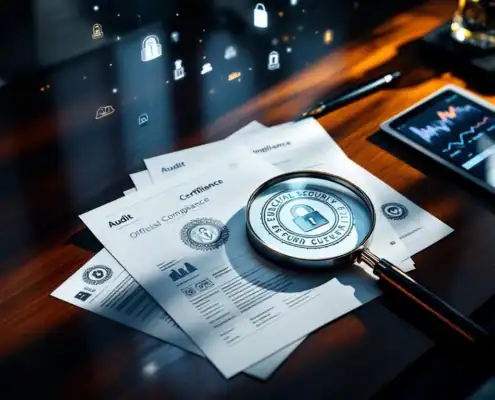 Vergrootglas op IT-beveiligingsauditdocumenten met compliance certificaten en digitale beveiligingsmetrics op bureau