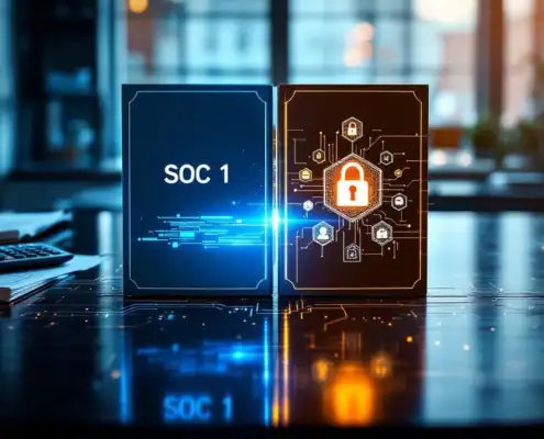 soc-1-vs-soc-2-audit-rapporten-vergelijkingjpg - Hoek en Blok.IT - Hoek en Blok.IT SOC 1 en SOC 2 auditrapporten op bureau met financiële documenten en beveiligingssymbolen in blauw en amber licht