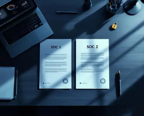 SOC 1 en SOC 2 audit documenten met compliance zegels op bureau naast laptop met beveiligingsdashboard