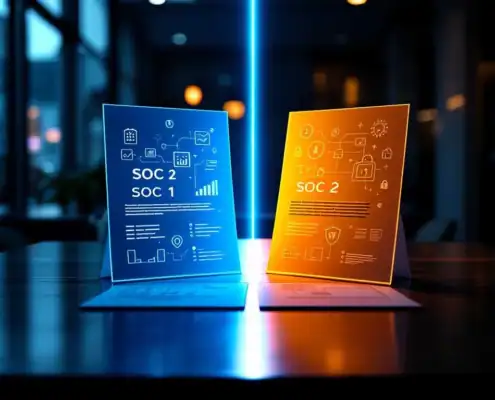 SOC 1 en SOC 2 auditrapporten op bureau met financiële en beveiligingssymbolen in blauw en oranje licht