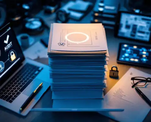 Stapel officiële SOC 2 compliance documenten op bureau met laptop, pen en tablet voor IT-beveiligingsaudit