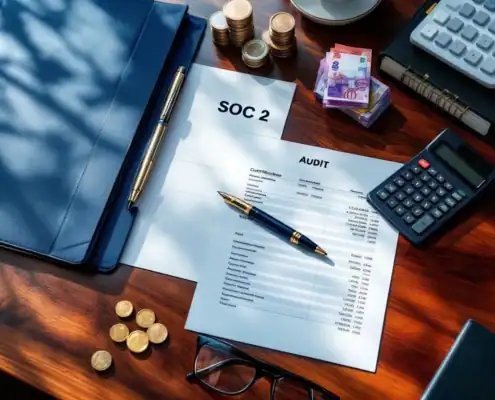 soc2-audit-kosten-certificering-budgetjpg - Hoek en Blok.IT - Hoek en Blok.IT SOC 2 certificeringsdocumenten op bureau met euro's, spreadsheet auditkosten, rekenmachine en pen