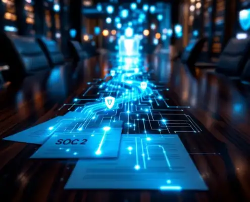soc-2-audit-compliance-cybersecurity-infrastructurejpg - Hoek en Blok.IT - Hoek en Blok.IT SOC 2 auditrapport op mahonie tafel transformeert in digitaal pad met beveiligde datastromen en serverracks