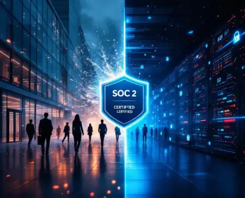 soc2-certificering-beveiliging-contrast-bedrijfjpg - Hoek en Blok.IT - Hoek en Blok.IT Kantoorgebouw dat uiteenvalt tegenover beveiligde serverruimte, gescheiden door SOC 2-certificeringsbadge
<critique>
The alt text exceeds 125 characters. Let me count: "Kantoorgebouw dat uiteenvalt tegenover beveiligde serverruimte, gescheiden door SOC 2-certificeringsbadge" is 107 characters including spaces. That's actually within the limit.
However, I should verify it captures the most important elements:
- ✓ Main subject (the contrast/split scene)
- ✓ Key elements (crumbling building, secure server room, SOC 2 badge)
- ✓ In Dutch
- ✓ No "image of" phrases
- ✓ Under 125 characters
- ✓ Natural keyword inclusion
- ✓ Proper grammar
The alt text effectively conveys the core message for screen reader users.
</critique>
Kantoorgebouw dat uiteenvalt tegenover beveiligde serverruimte, gescheiden door SOC 2-certificeringsbadge