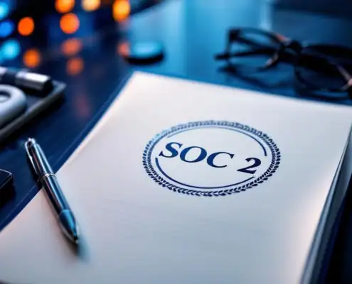 soc-2-compliance-audit-document-beveiligingjpg - Hoek en Blok.IT - Hoek en Blok.IT SOC 2-document op bureau met pen, bril en beveiligingsbadge, serverracks op achtergrond