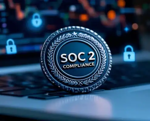 SOC 2 compliance badge op laptop toetsenbord met beveiligingspictogrammen en website op scherm