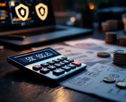 soc2-compliance-kosten-calculator-beveiligingjpg - Hoek en Blok.IT - Hoek en Blok.IT Rekenmachine met financiële cijfers en SOC 2-compliancedocumenten op bureau met beveiligingspictogrammen