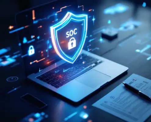 soc-2-compliance-certificering-beveiliging-auditjpg - Hoek en Blok.IT - Hoek en Blok.IT Holografisch SOC 2 beveiligingsschild boven laptop op bureau met auditdocumenten en digitale beveiligingspictogrammen