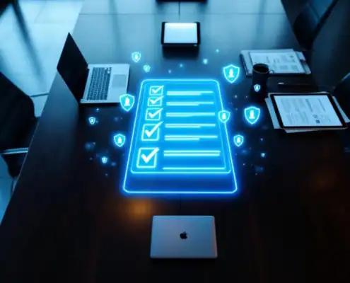 Holografische SOC 2 beveiligingschecklist zweeft boven bestuurskamertafel met laptops en compliance-documentatie