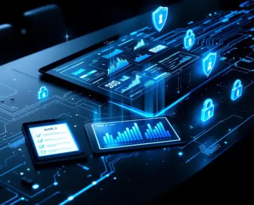 soc2-compliance-automatisering-security-dashboardjpg - Hoek en Blok.IT - Hoek en Blok.IT Moderne beveiligingscommandocentrale met laptop die SOC 2 compliance dashboard en geautomatiseerde beveiligingstools toont