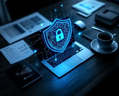 soc-2-compliance-holografisch-schild-beveiligingjpg - Hoek en Blok.IT - Hoek en Blok.IT Holografisch SOC 2 complianceschild boven laptop op bureau met auditdocumenten en beveiligingsmetrieken op tablet