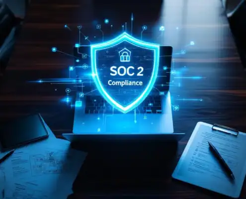 soc-2-compliance-beveiliging-hologram-laptopjpg - Hoek en Blok.IT - Hoek en Blok.IT Holografisch SOC 2-complianceschild boven laptop op houten vergadertafel met beveiligingsdocumenten en tablet