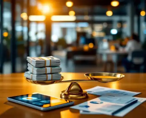 soc2-compliance-kosten-balans-weegschaaljpg - Hoek en Blok.IT - Hoek en Blok.IT Gouden weegschaal op bureau met geld en tablet met SOC 2 certificaat in moderne kantooromgeving