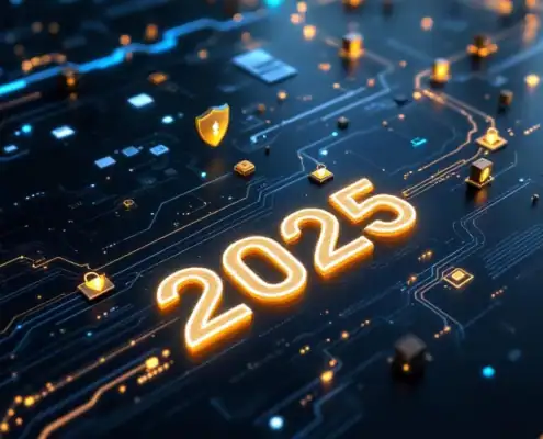 Luchtfoto van digitale routekaart met gloeiende paden naar "2025", beveiligingsschilden en compliance symbolen voor SOC 2