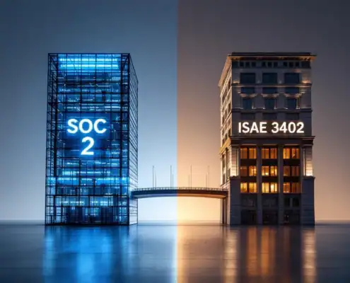 soc2-isae3402-audit-frameworks-vergelijkingjpg - Hoek en Blok.IT - Hoek en Blok.IT Moderne glazen kantoorgebouw met SOC 2 logo en Europees gebouw met ISAE 3402 standaard verbonden door digitale brug