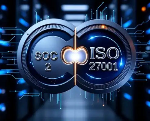 soc2-iso27001-certificering-compliance-beveiligingjpg - Hoek en Blok.IT - Hoek en Blok.IT SOC 2 en ISO 27001 certificeringsbadges als puzzelstukken met digitale beveiligingscircuits op serverachtergrond