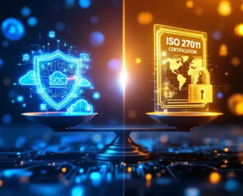 soc2-iso27001-vergelijking-certificering-beveiligingjpg - Hoek en Blok.IT - Hoek en Blok.IT Weegschaal vergelijkt SOC 2-rapport met blauwe digitale schilden en ISO 27001-certificaat met gouden sloten op wereldkaart