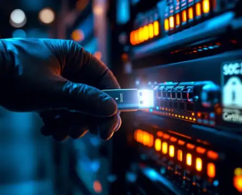 soc2-penetration-testing-security-auditjpg - Hoek en Blok.IT - Hoek en Blok.IT Gehandschoende hand steekt verlichte penetratietesting USB-stick in serverrack met SOC 2-certificering