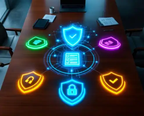 soc2-trust-criteria-security-shields-boardroomjpg - Hoek en Blok.IT - Hoek en Blok.IT Bovenaanzicht van vergadertafel met vijf gekleurde beveiligingsschilden en holografische checklist voor IT-security