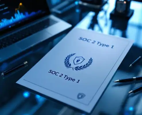 soc-2-type-1-certificering-audit-compliancejpg - Hoek en Blok.IT - Hoek en Blok.IT SOC 2 Type 1 auditdocument met certificeringszegel op bureau naast laptop met beveiligingsdashboard