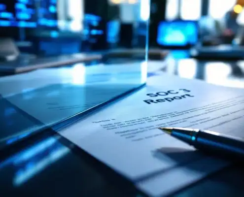 soc-3-rapport-document-beveiliging-transparantiejpg - Hoek en Blok.IT - Hoek en Blok.IT SOC 3-rapport op bureau met glazen paneel, pen en kantooromgeving, symboliseert transparantie en IT-beveiliging