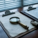 Vergrootglas op officiële documenten met beveiligingszegels, koperen hangslot en sleutel op executive bureau in ochtendlicht