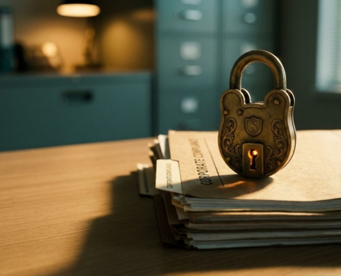 bedrijfsbeveiliging-compliance-documenten-hangslotjpg - Hoek en Blok.IT - Hoek en Blok.IT Sierlijk koperen hangslot met gloeiend sleutelgat op stapel bedrijfsdocumenten en compliance-mappen op modern bureau